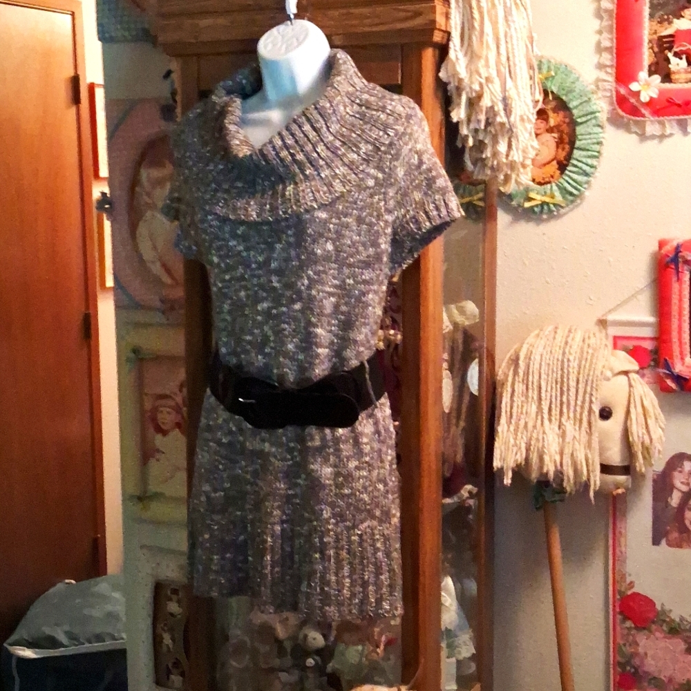 Like New, BIG, LONG, Cowl Neck, White & Gray, Cable Knit, Sweater/Mini Dress💥